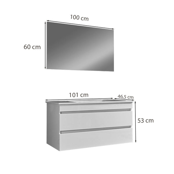 Leziter Set mobilier baie Cube 100 cu lavoar ceramic, oglinda, 2 sertare, 60x100 cm, vopsita in alb lucios