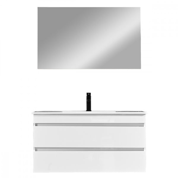 Leziter Set mobilier baie Cube 100 cu lavoar ceramic, oglinda, 2 sertare, 60x100 cm, vopsita in alb lucios