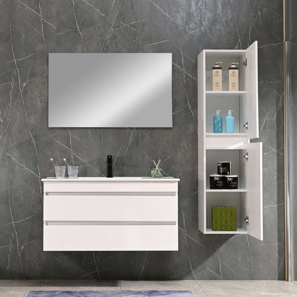 Leziter Set mobilier baie Cube 100 cu lavoar ceramic, oglinda, 2 sertare, 60x100 cm, vopsita in alb lucios