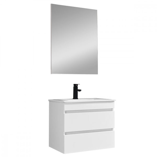 Leziter Set mobilier baie Cube 60 cu lavoar ceramic, oglinda, 2 sertare, 60x80 cm, vopsit in alb lucios