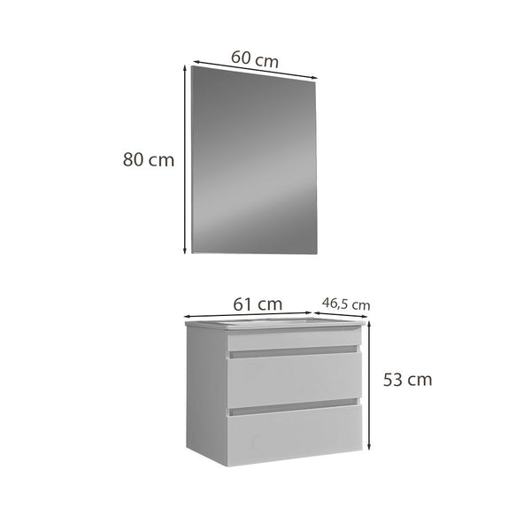 Leziter Set mobilier baie Cube 60 cu lavoar ceramic, oglinda, 2 sertare, 60x80 cm, vopsit in alb lucios