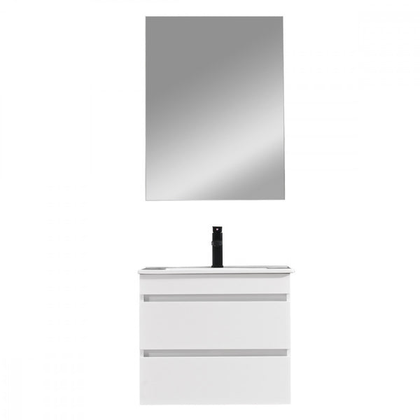 Leziter Set mobilier baie Cube 60 cu lavoar ceramic, oglinda, 2 sertare, 60x80 cm, vopsit in alb lucios