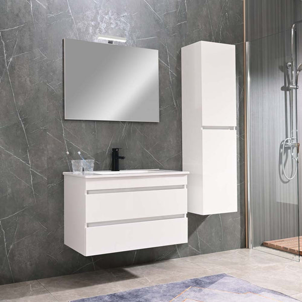 Leziter Set mobilier baie Cube 80 cu lavoar ceramic, oglinda, 2 sertare, 60x80 cm, vopsit in alb lucios