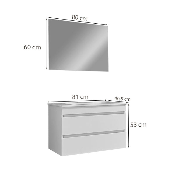 Leziter Set mobilier baie Cube 80 cu lavoar ceramic, oglinda, 2 sertare, 60x80 cm, vopsit in alb lucios