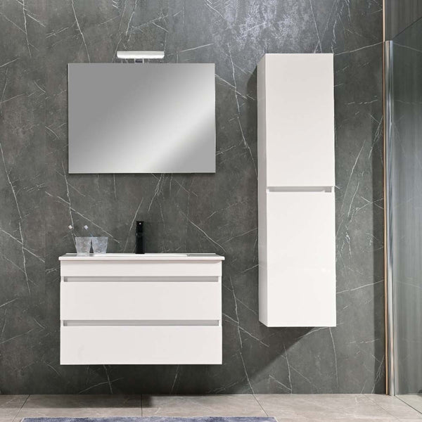 Leziter Set mobilier baie Cube 80 cu lavoar ceramic, oglinda, 2 sertare, 60x80 cm, vopsit in alb lucios