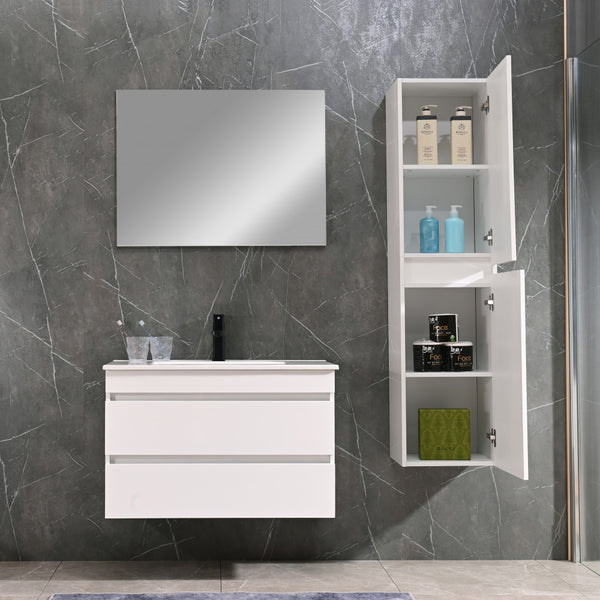 Leziter Set mobilier baie Cube 80 cu lavoar ceramic, oglinda, 2 sertare, 60x80 cm, vopsit in alb lucios