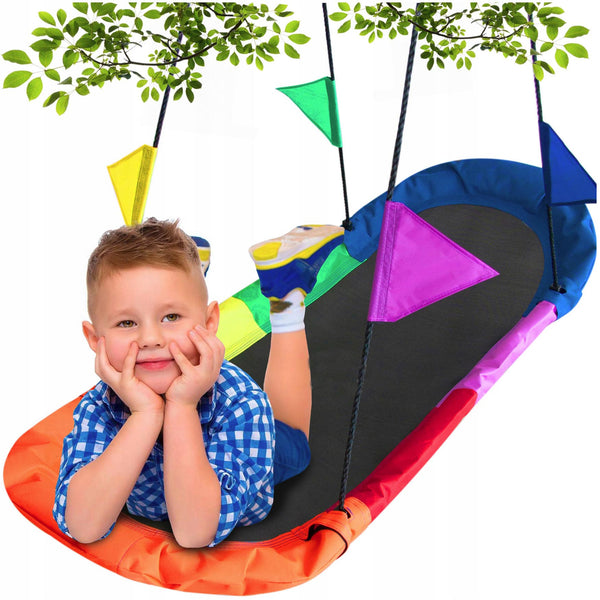 Leagan tip hamac 167x75 cm, cu rama metalica si steaguri colorate, prindere dubla, multicolor
