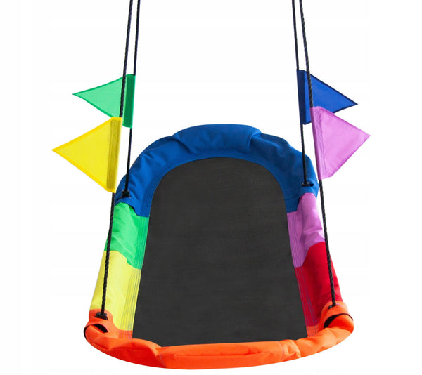Leagan tip hamac 167x75 cm, cu rama metalica si steaguri colorate, prindere dubla, multicolor
