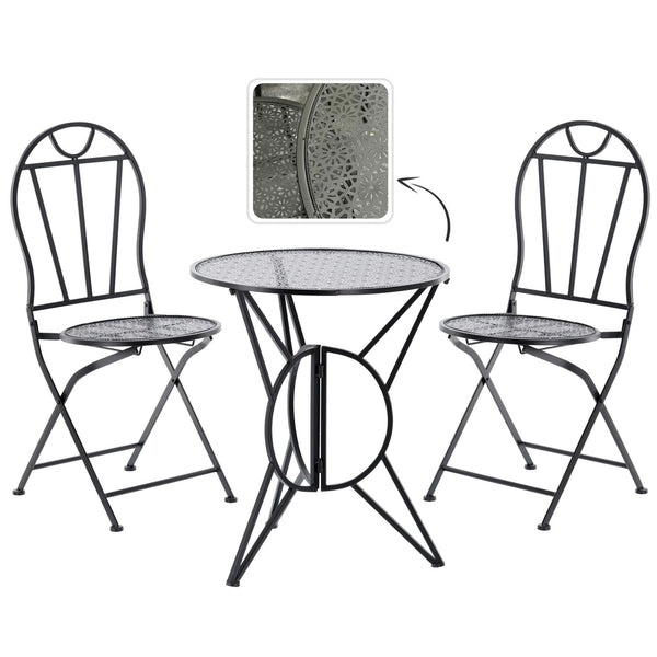 Set mobilier gradina metalic Susan, masa 60x60 cm si 2 scaune 50x40x94 cm, stil vintage, negru mat