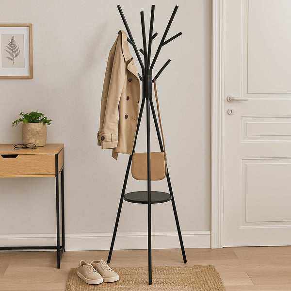 Cuier metalic 5Five cu 9 carlige, 45x40x180 cm, otel si MDF, negru