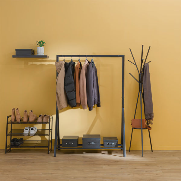 Cuier metalic 5Five cu 9 carlige, 45x40x180 cm, otel si MDF, negru