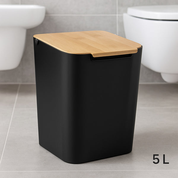 Cos gunoi 5Five Natureo cu capac, polipropilena si bambus, 5 litri, 22x19x24 cm, negru
