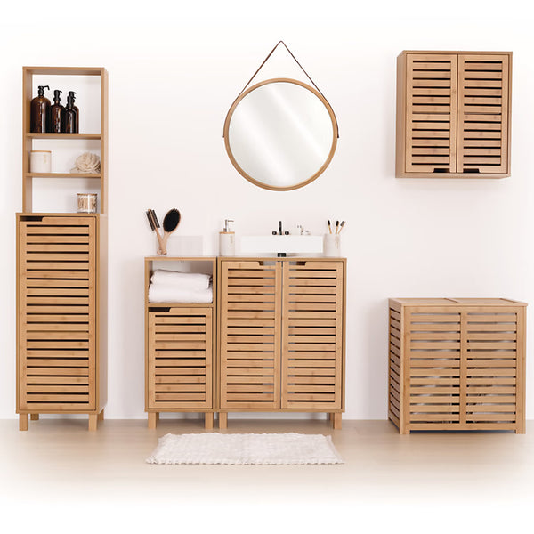Dulap suspendat 5Five Sicela cu usa si rafturi, bambus si MDF, 52x20x59 cm, natur