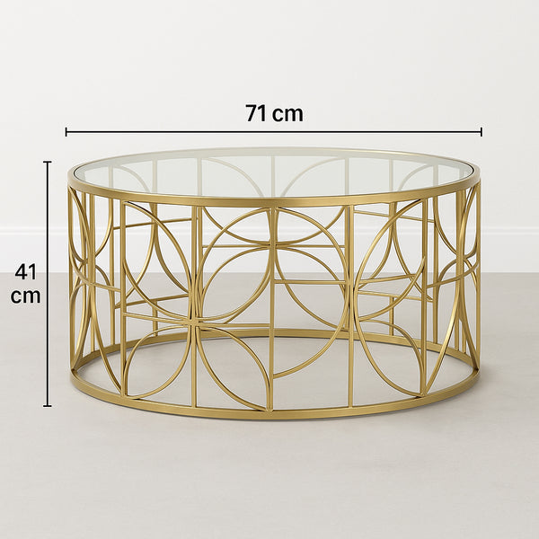 Masa cafea Atmosphera Artifice rotunda, sticla si metal, 71x41 cm, auriu