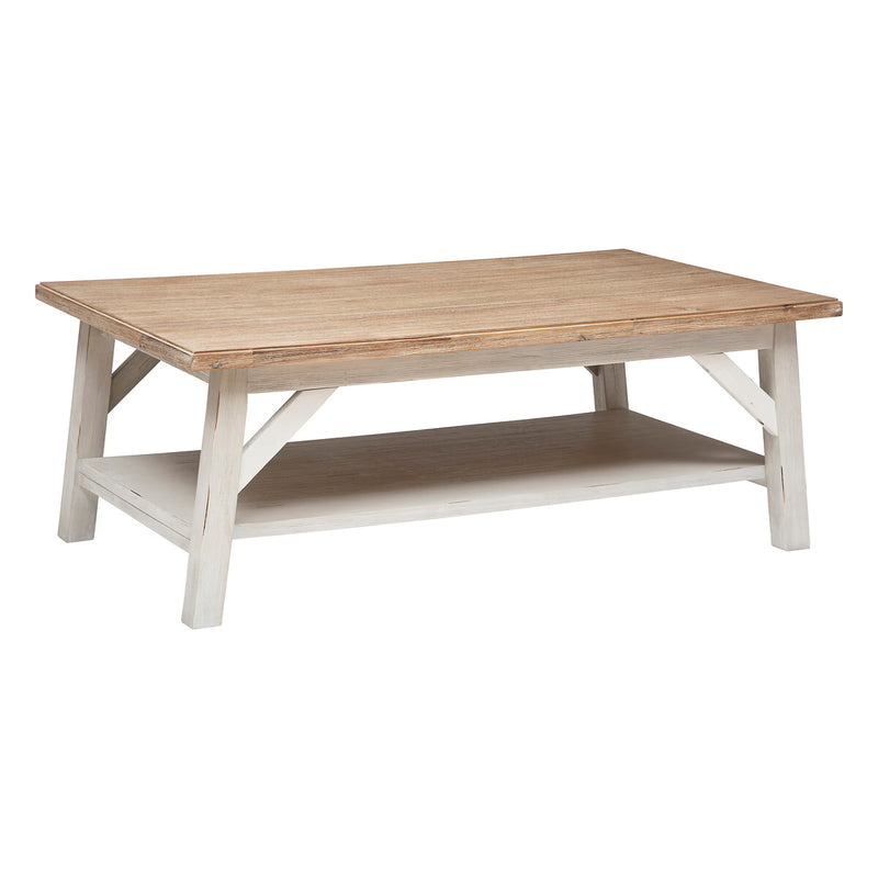 Masuta cafea Atmosphera Olbia cu 2 blaturi, MDF si acacia, 120x70x45 cm, alb
