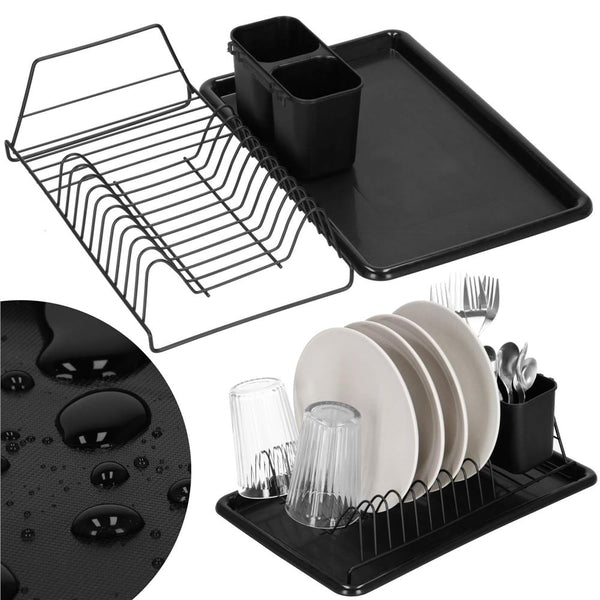 Uscator de vase metalic cu tava detasabila si suport tacamuri, 38x24x13 cm, negru