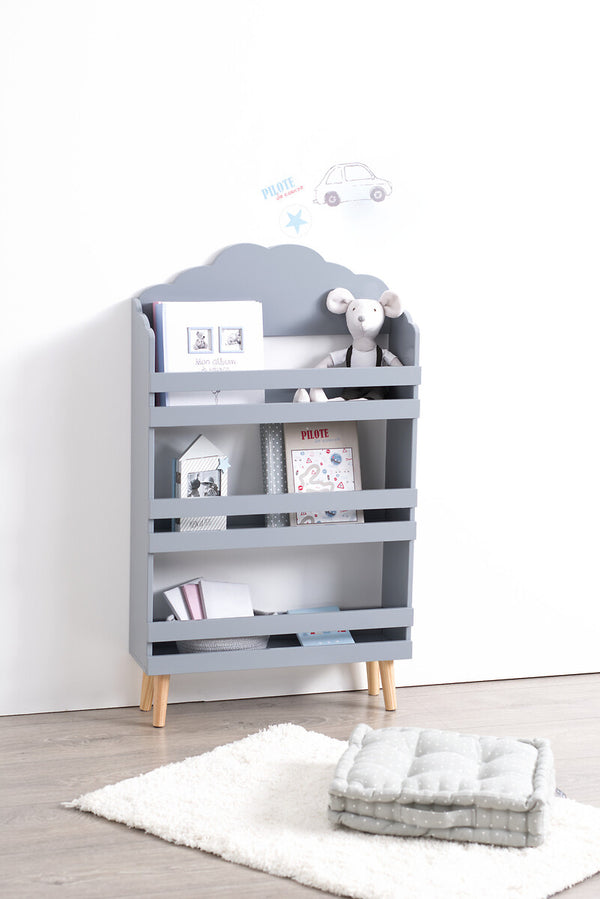 Biblioteca copii Atmosphera Nuage din MDF cu 3 rafturi si picioare din lemn, 58x100 cm, gri