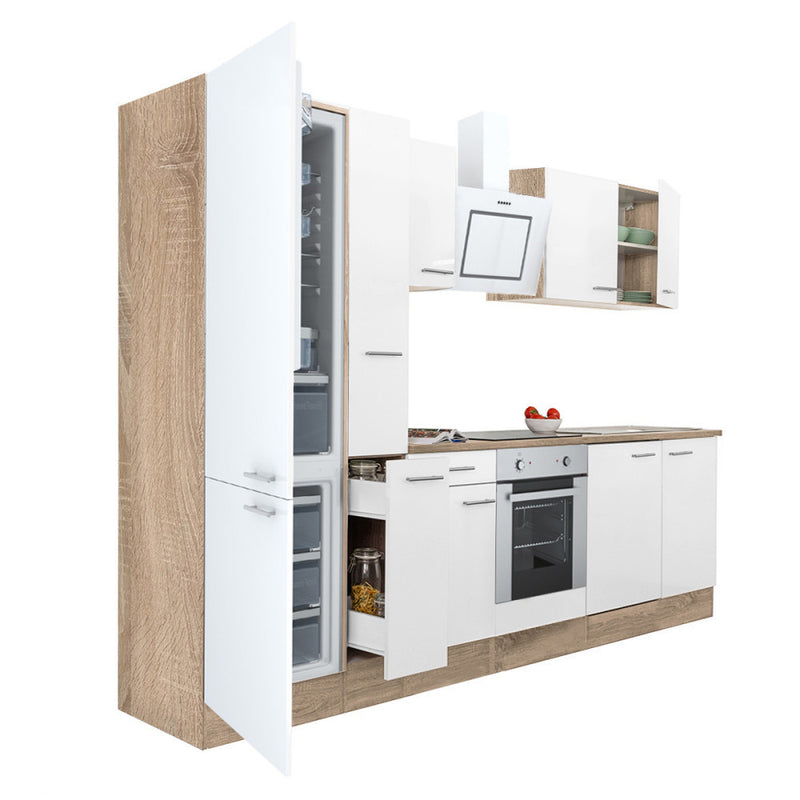 Leziter Mobilă de bucătărie Yorki 300, corp din stejar sonoma, față alb satinat, element cuptor inferior, frigider congelator inferior