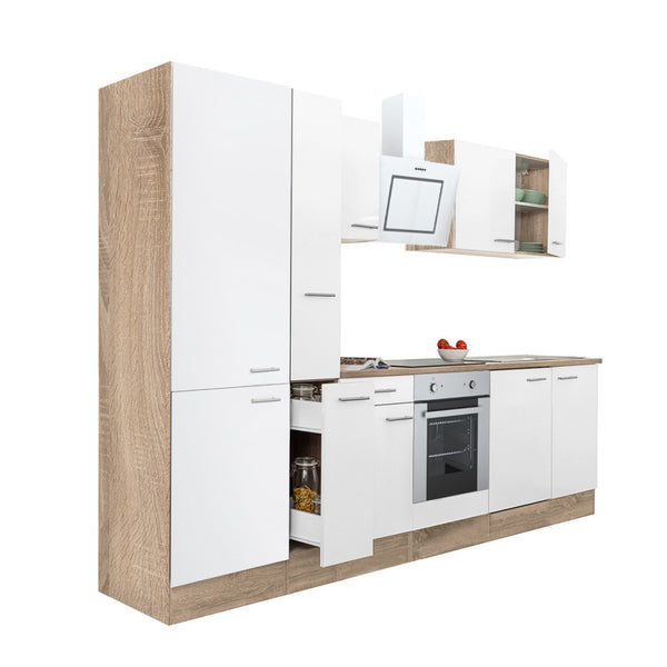 Leziter Mobilă de bucătărie Yorki 300, corp din stejar sonoma, față alb satinat, element inferior cuptor, dulap cu raft