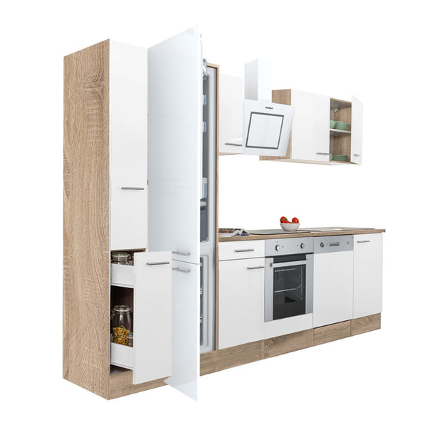 Leziter Mobilă de bucătărie Yorki 310, corp din stejar sonoma, față alb satinat, element cuptor inferior, frigider congelator inferior