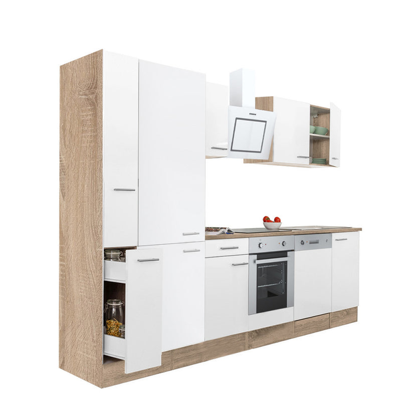 Leziter Mobilă de bucătărie Yorki 310, corp din stejar sonoma, față alb satinat cu element inferior al cuptorului, dulap cu raft