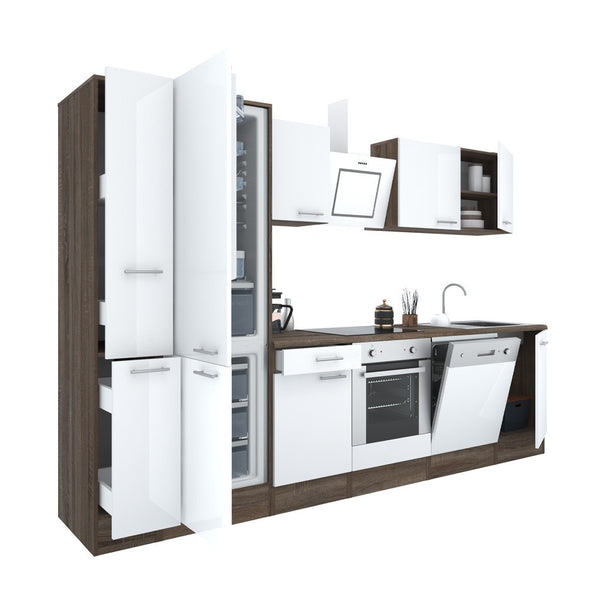 Leziter Mobilă de bucătărie Yorki 310, corp din stejar Yorki, față alb satinat, element cuptor inferior, frigider congelator inferior