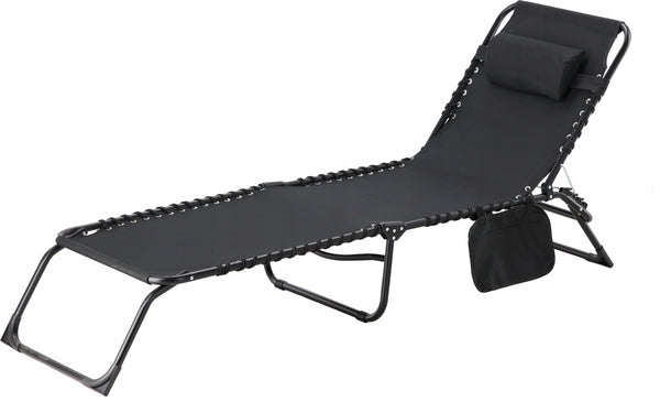 Sezlong pliabil 190x58x30 cm, cu spatar reglabil, perna si buzunar lateral, cadru metalic, negru