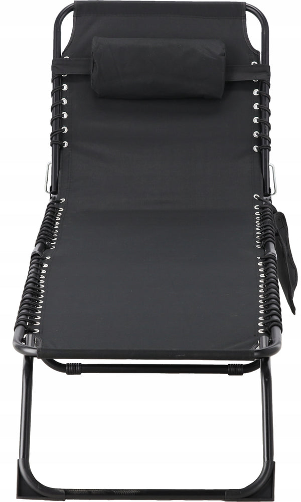 Sezlong pliabil 190x58x30 cm, cu spatar reglabil, perna si buzunar lateral, cadru metalic, negru