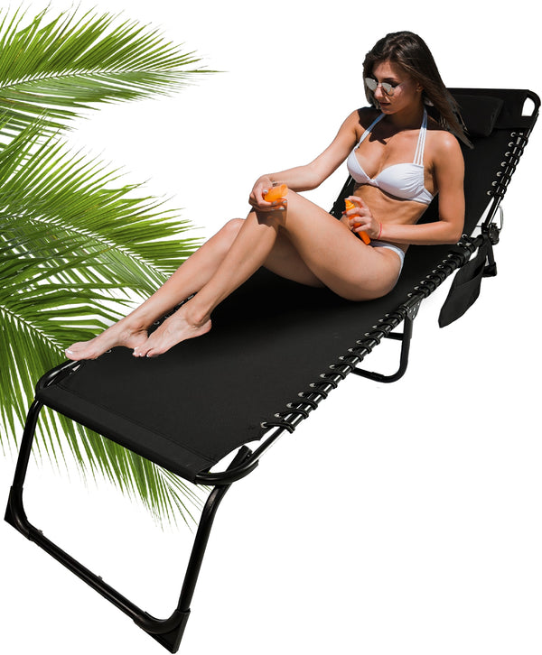 Sezlong pliabil 190x58x30 cm, cu spatar reglabil, perna si buzunar lateral, cadru metalic, negru