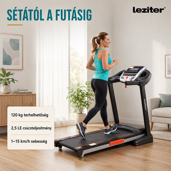 Leziter Banda de alergare cu afișaj LED Runova Max 120 kg, 2,5 LE, 15 km/h, unghi de înclinare 0-15%