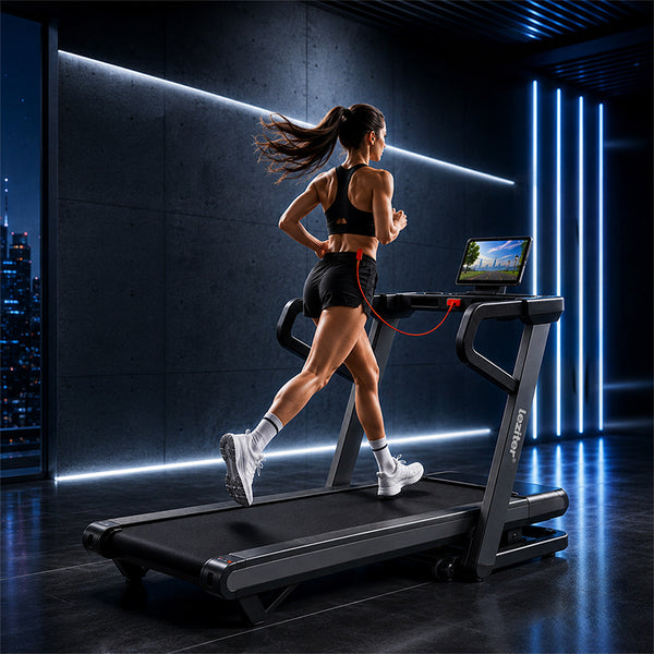 Leziter Banda de alergare cu afișaj LED și funcție inteligentă Bluetooth, Velox Ultra Max 150 kg, 3 LE, 18,8 km/h, unghi de înclinare -6–32 %