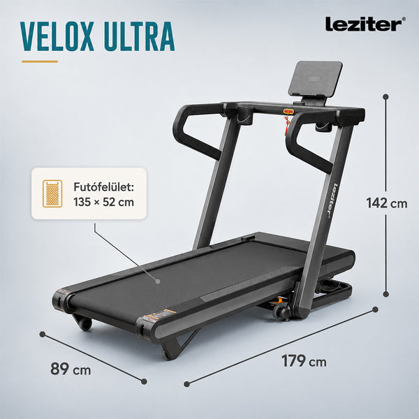 Leziter Banda de alergare cu afișaj LED și funcție inteligentă Bluetooth, Velox Ultra Max 150 kg, 3 LE, 18,8 km/h, unghi de înclinare -6–32 %
