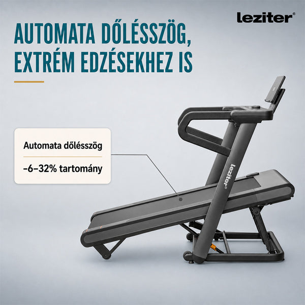 Leziter Banda de alergare cu afișaj LED și funcție inteligentă Bluetooth, Velox Ultra Max 150 kg, 3 LE, 18,8 km/h, unghi de înclinare -6–32 %