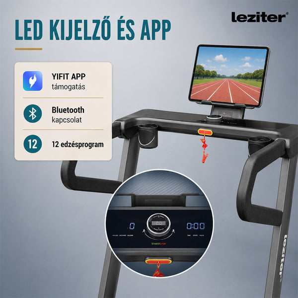 Leziter Banda de alergare cu afișaj LED și funcție inteligentă Bluetooth, Velox Ultra Max 150 kg, 3 LE, 18,8 km/h, unghi de înclinare -6–32 %