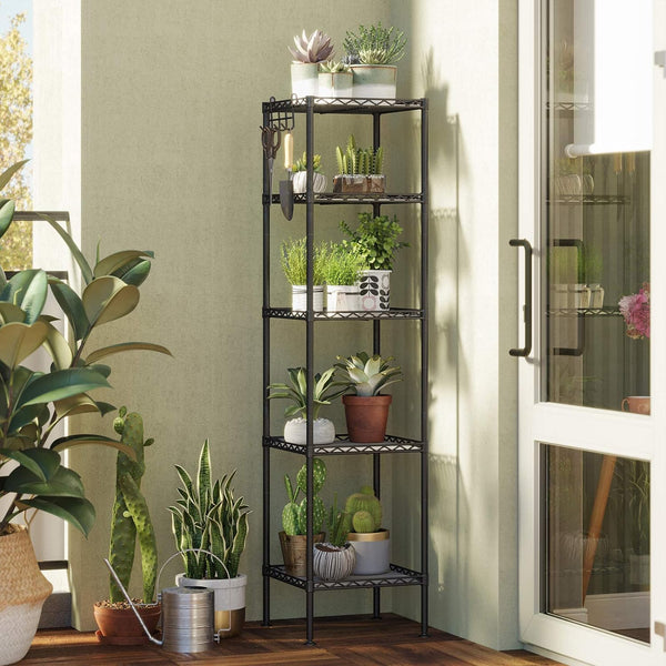 SONGMICS Raft metalic 30x30x124 cm, 5 niveluri, rafturi ajustabile si carlige incluse, structura otel si plastic, negru