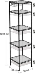 SONGMICS Raft metalic 30x30x124 cm, 5 niveluri, rafturi ajustabile si carlige incluse, structura otel si plastic, negru