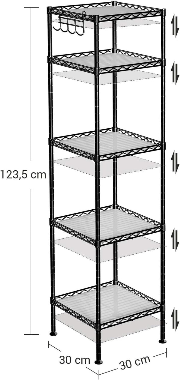 SONGMICS Raft metalic 30x30x124 cm, 5 niveluri, rafturi ajustabile si carlige incluse, structura otel si plastic, negru