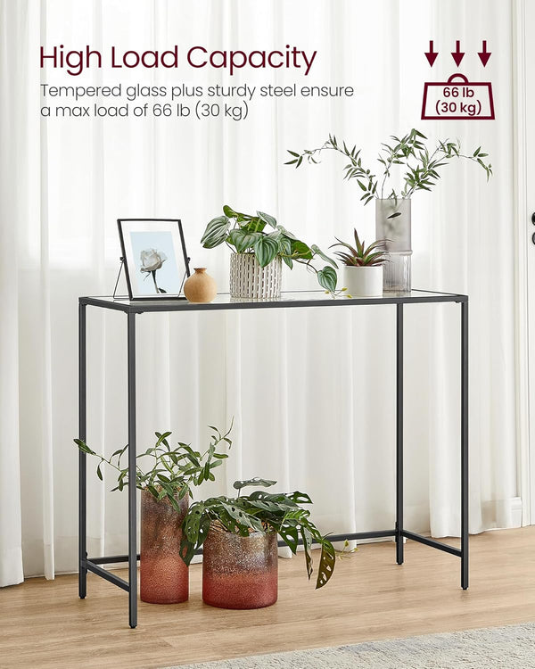 VASAGLE Masa consola 100x20x80 cm, blat sticla securizata si cadru metalic, negru