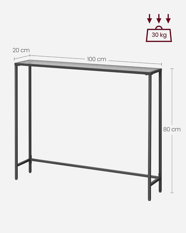 VASAGLE Masa consola 100x20x80 cm, blat sticla securizata si cadru metalic, negru