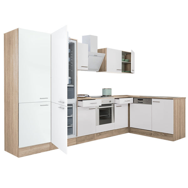 Leziter Mobilă de bucătărie de colț Yorki 340, corp din stejar sonoma, față alb satinat, element cuptor inferior, dulap cu raft, frigider congelator inferior