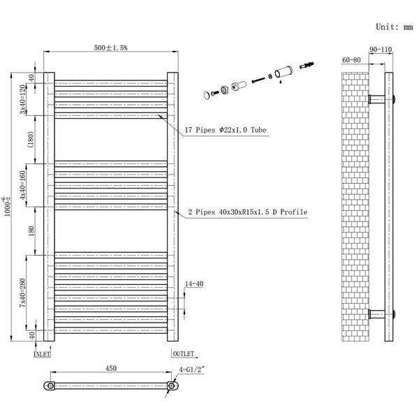 Leziter Radiator uscător de prosoape drept 1000x500 mm alb