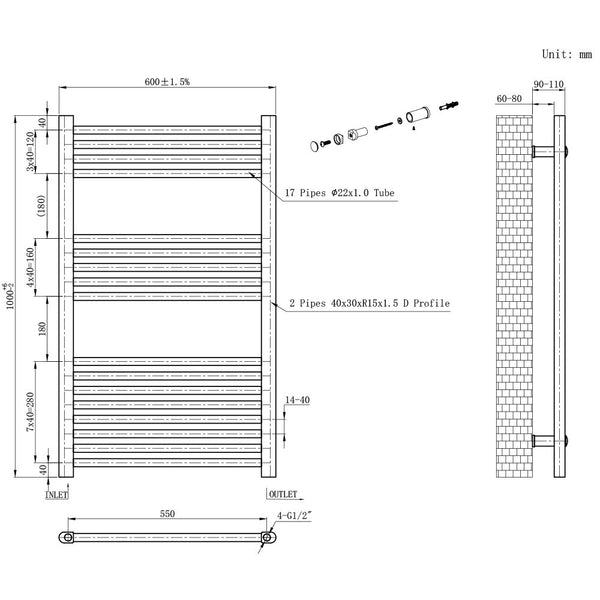 Leziter Radiator uscător de prosoape drept 1000x600 mm negru