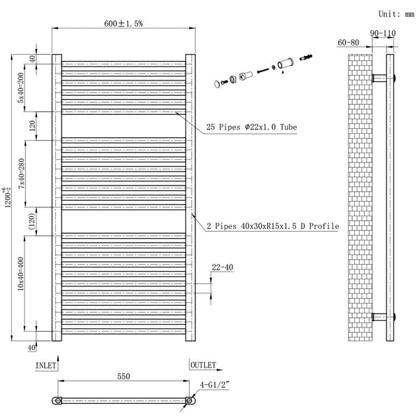 Leziter Uscător de prosoape drept radiator 1200x600 mm negru