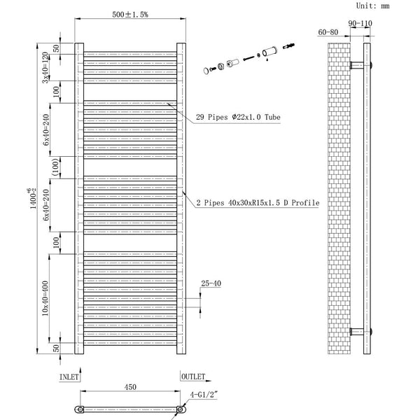 Leziter Uscător de prosoape drept radiator 1400x500 mm negru