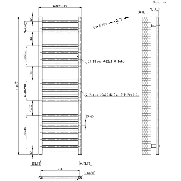 Leziter Radiator uscător de prosoape drept 1600x500 mm alb