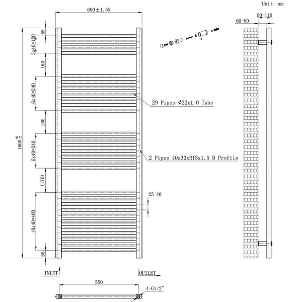 Leziter Uscător de prosoape drept radiator 1600x600 mm negru