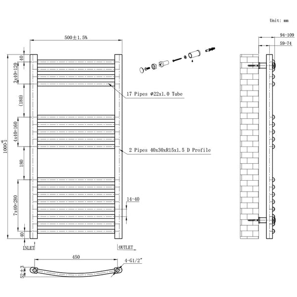Leziter Radiator curbat pentru uscător de prosoape 1000x500 mm alb