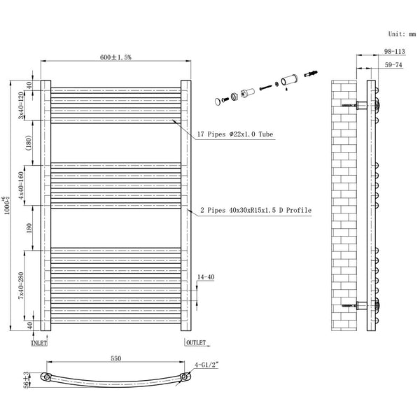 Leziter Radiator curbat pentru uscător de prosoape 1000x600 mm negru