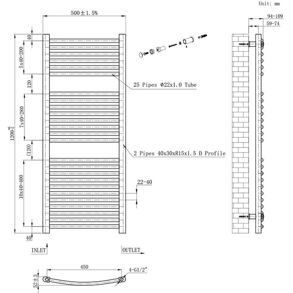 Leziter Radiator curbat pentru uscător de prosoape 1200x500 mm alb