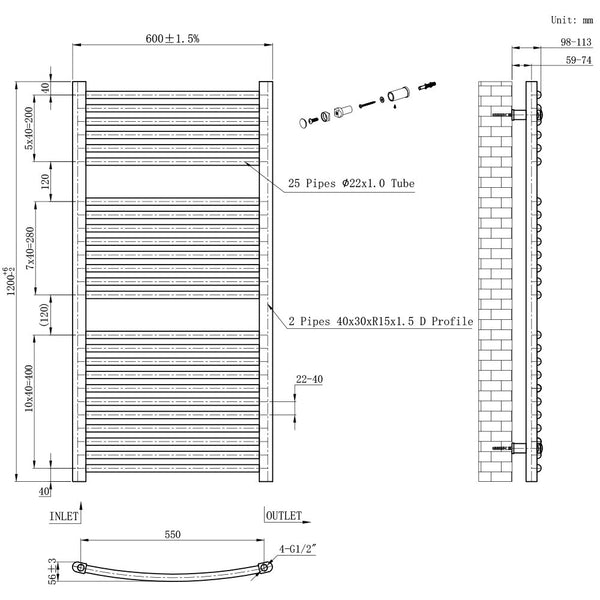 Leziter Radiator curbat pentru uscător de prosoape 1200x600 mm alb